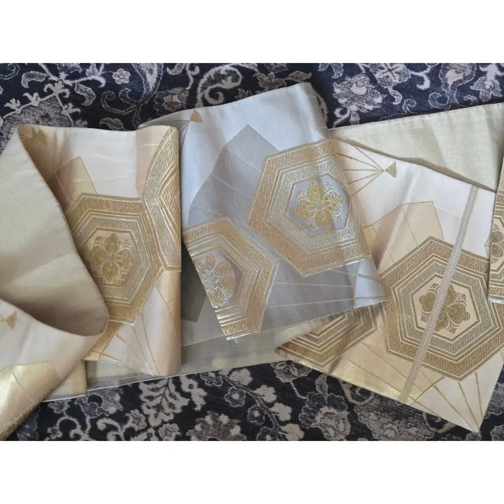 Vintage Japanese Fukuro Obi Silk Gold Silver Brocade Kikko Hexagon 158